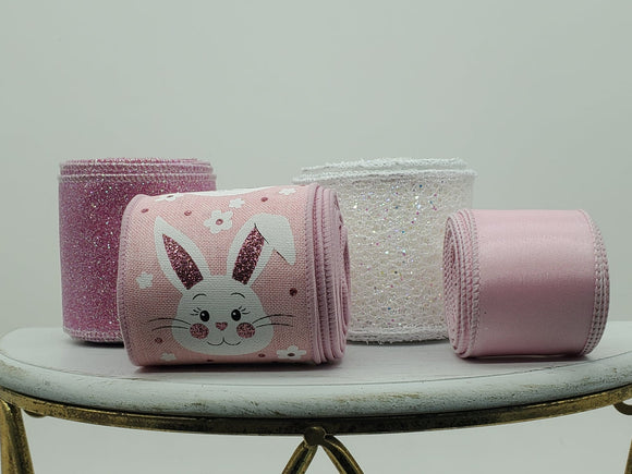 Perpetual Ribbons Pink Bunny Glitter Head Various Easter Ribbon Kits - Color Coordinated Ribbon Sets - Ready To Use Home Decor Ribbon Kits