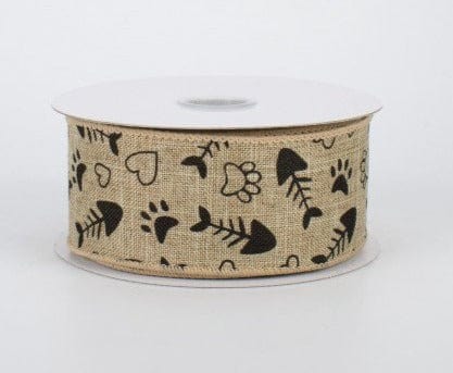 PerpetualRibbons Animals 1.5 Wired Kitty Cat Love Ribbon - 1.5 or 2.5 inch Natural Canvas Ribbon with Black & White Cat Paws, Hearts and Fish Bones - 10 Yards