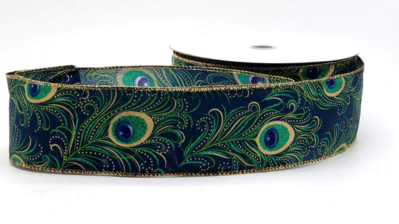 PerpetualRibbons Animals 2.5 inch Dark Teal Satin Ribbon with Various Colored Peacock Feathers - 5 Yards
