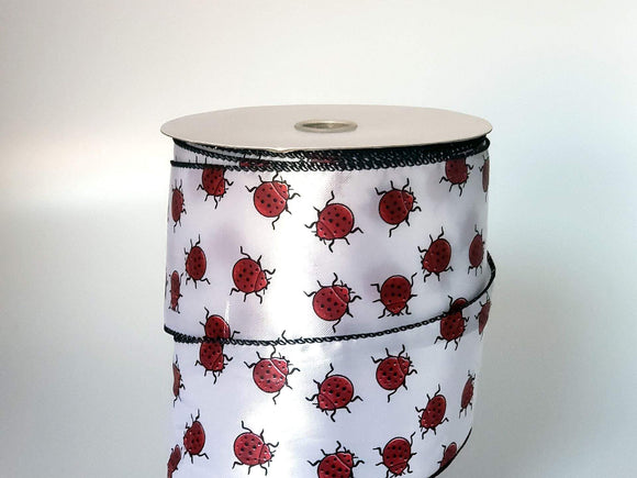 PerpetualRibbons Animals 2.5 inch Red Lady Bugs on White Satin Ribbon with Black Threaded Wired Edges - 5 Yards