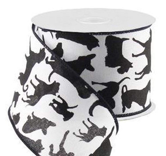 PerpetualRibbons Animals 2.5 inch White Canvas Ribbon with Scattered Black Dog Silhouettes in Various Positions - 10 Yards
