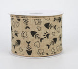PerpetualRibbons Animals 2.5 Wired Kitty Cat Love Ribbon - 1.5 or 2.5 inch Natural Canvas Ribbon with Black & White Cat Paws, Hearts and Fish Bones - 10 Yards