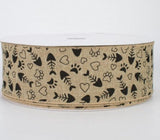 PerpetualRibbons Animals 2.5 Wired Kitty Cat Love Ribbon - 1.5 or 2.5 inch Natural Canvas Ribbon with Black & White Cat Paws, Hearts and Fish Bones - 50 Yards