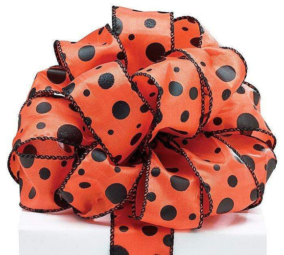 PerpetualRibbons Autumn 1.5 inch Orange satin ribbon with black polka dots  - 5 Yards
