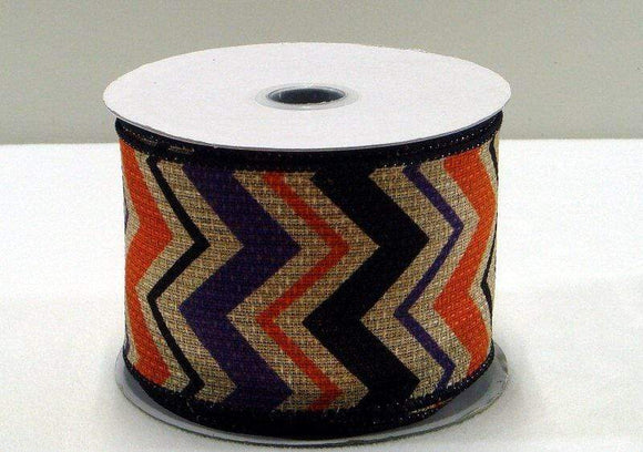 PerpetualRibbons Autumn 2.5 inch Burlap Ribbon printed with Purple, Orange & Black Chevron Stripes - 10 yards
