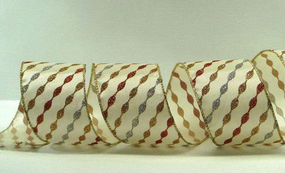 PerpetualRibbons Autumn 2.5 inch Cream Satin Ribbon with Gold, Orange & Silver Diagonal Design - 5 Yards
