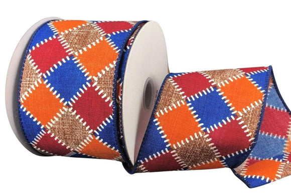 PerpetualRibbons Autumn 2.5 inch Fall Check Ribbon - Natural, Orange, Red and Blue Diamond Pattern with White Stitching - 10 Yards