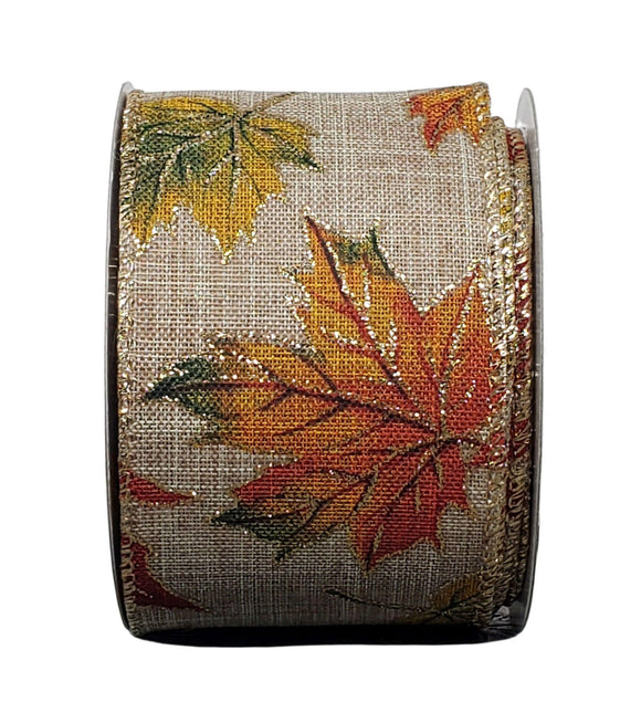PerpetualRibbons Autumn 2.5 inch Natural Canvas Ribbon with Fall Leaves - 10 Yards