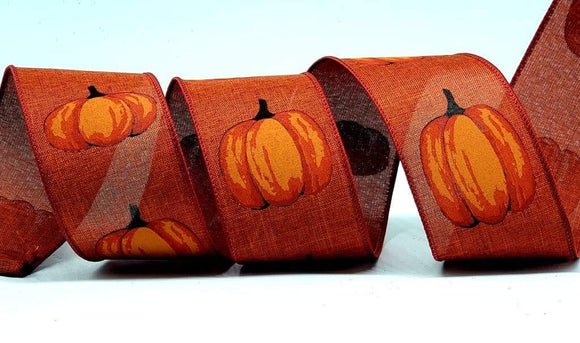 PerpetualRibbons Autumn 2.5 inch Rust Colored Ribbon with Various Orange Pumpkins - 10 Yards