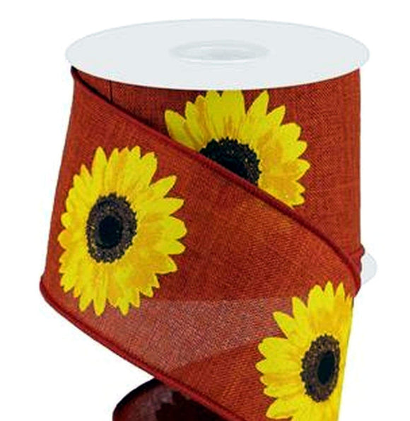 PerpetualRibbons Autumn 2.5 inch Rust Orange Canvas Ribbon with Bold Yellow Sunflower - 10 Yards