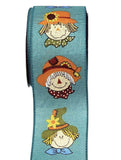 PerpetualRibbons Autumn Wired Autumn / Fall Ribbon - 2.5" Teal Canvas Ribbon with Cute Scarecrow Heads - 5 Yards