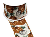 PerpetualRibbons Autumn Wired Autumn Ribbon - 2.5 inch Cream Canvas Ribbon with Brown & Grey Pumpkins - Thanksgiving Ribbon - 10 Yards