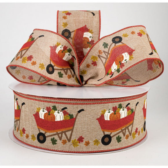 PerpetualRibbons Autumn Wired Autumn Ribbon - 2.5 inch Red Wheel Barrow Carrying  Pumpkins on Natural Linen Ribbon - 5 Yards