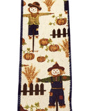 PerpetualRibbons Autumn Wired Fall/Autumn Ribbon - 2.5" Cream Canvas Ribbon with Scarecrows in Blue & Orange Overalls - 10 Yards