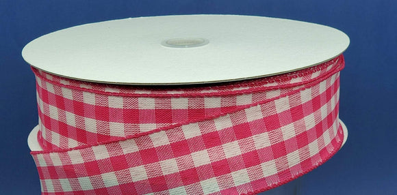 PerpetualRibbons Checks 1.5 inch Gingham Canvas Wired Ribbon with Raspberry & White Checks - 5 Yards