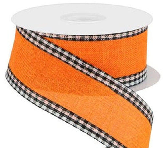 PerpetualRibbons Checks 1.5 inch Orange Canvas Ribbon with Black & White Gingham Edges - 10 Yards