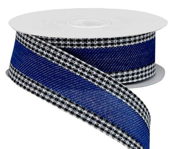 PerpetualRibbons Checks 10 Yards 1.5 inch Blue Jean Canvas Ribbon with Black & White Gingham Edges