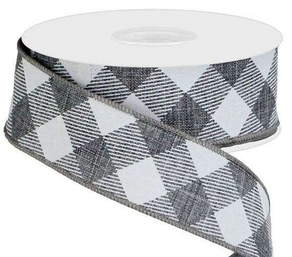 PerpetualRibbons Checks 10 Yards 1.5 inch Grey & White Diagonal Check on Canvas Ribbon - Everyday Ribbon