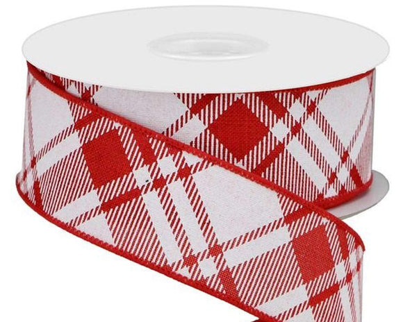 PerpetualRibbons Checks 10 Yards 1.5 inch Red & White Diagonal Check Ribbon - Wired Canvas Everyday Ribbon