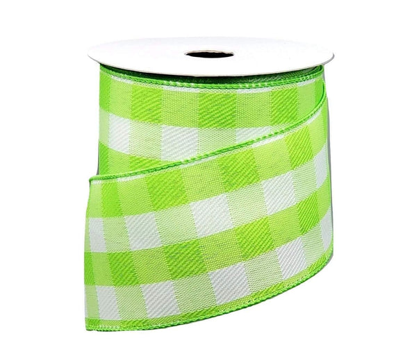 PerpetualRibbons Checks 10 Yards 2.5 inch Lime Green & White Buffalo Check Wired Ribbon - Spring Linen Check Ribbon