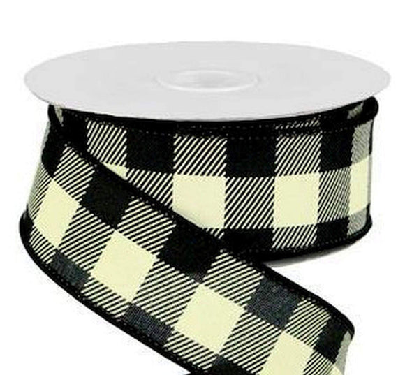 PerpetualRibbons Checks 10 Yards Wired Check Ribbon - 1.5 inch Black & Cream Canvas Buffalo Check Ribbon