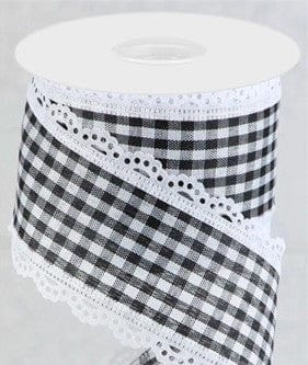 PerpetualRibbons Checks 10 Yards Wired Spring Ribbon - 2.5 inch Black & White Gingham Ribbon with White Scalloped Edges