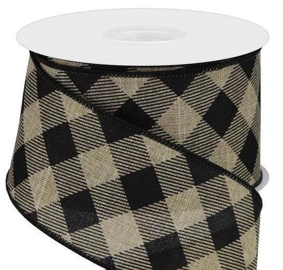 PerpetualRibbons Checks 2.5 inch Beige & Black Diagonal Check on Canvas Ribbon - Wired Everyday Ribbon - 10 Yards