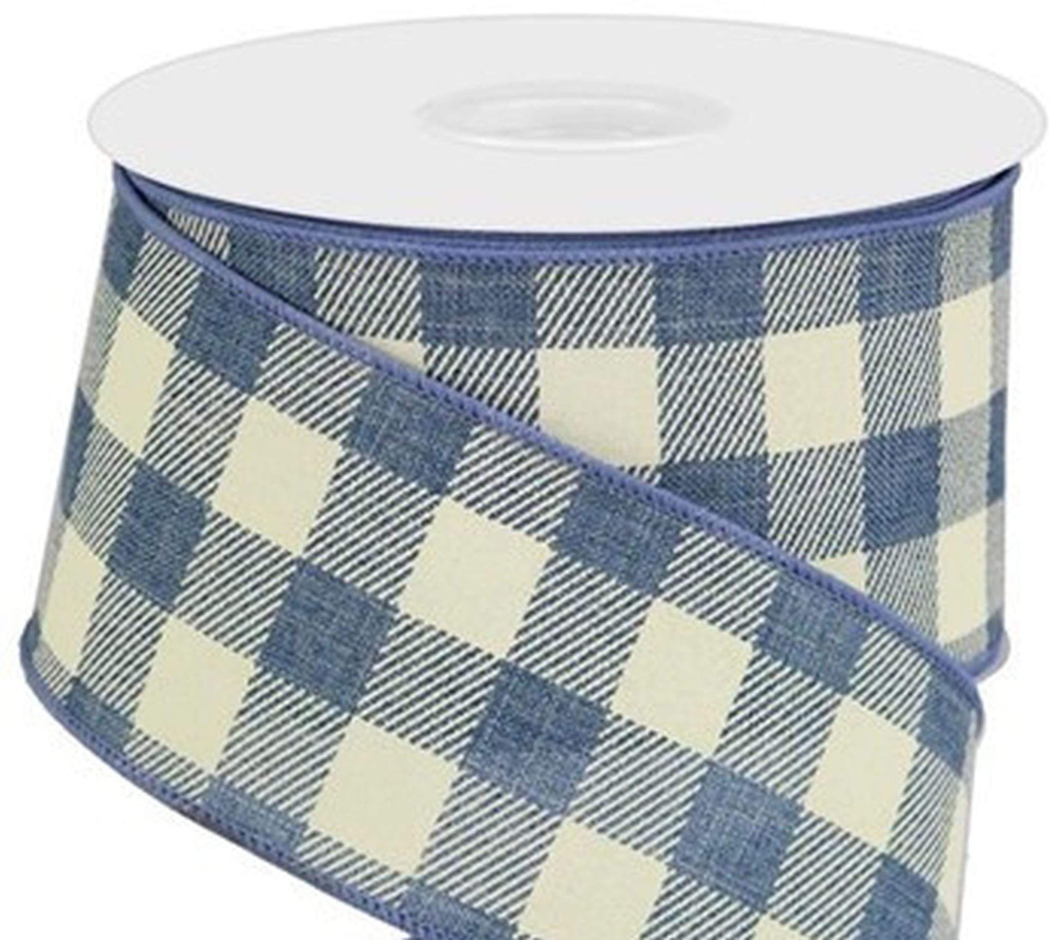 Blue Faded Ribbon 10 Yards Wired Buffalo Check | Perpetual Ribbons