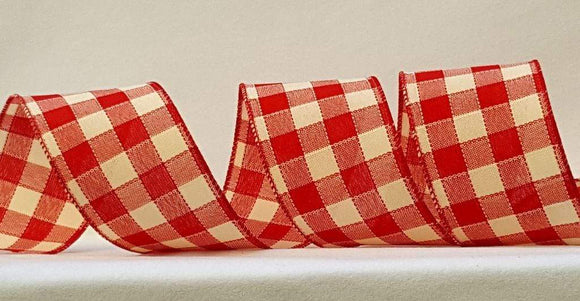 5 Yards Red and White Large Gingham Checked Wired Ribbon 2 1/2W