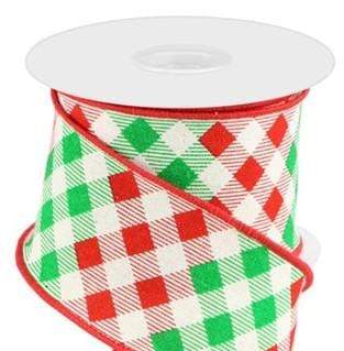 PerpetualRibbons Checks 2.5 inch Red, Cream & Emerald Green Diagonal Check Wired Ribbon - 10 yards 2.5 inch Vintage Red & Cream Harlequin Wired Ribbon | Perpetual Ribbons