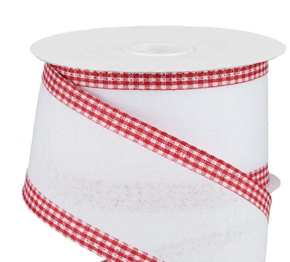 PerpetualRibbons Checks 2.5 inch White Canvas Ribbon with Red & White Gingham Edges - 10 Yards