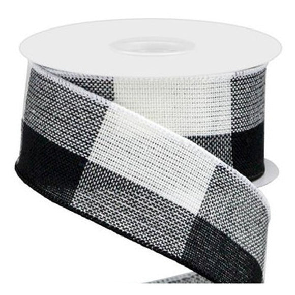 PerpetualRibbons Checks 2 inch Wired Black & White Woven Check Ribbon - Buffalo Check Ribbon - 10 Yards