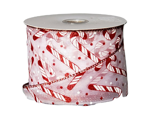 PerpetualRibbons Christmas Candy Wired Christmas Ribbon - 2.5 inch Sheer White Ribbon with Red & White Glitter Candy Canes - 5 Yards