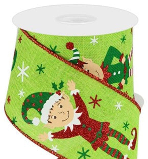 PerpetualRibbons Christmas Characters 10 Yards Wired Christmas Ribbon - 2.5 inch Green Canvas Ribbon with a Glitter Elf, Starbursts & Candy Canes