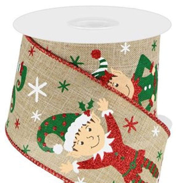 PerpetualRibbons Christmas Characters 10 Yards Wired Christmas Ribbon - 2.5 inch Natural Canvas Ribbon with a Glitter Elf, Starbursts & Candy Canes