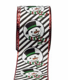 PerpetualRibbons Christmas Characters 2.5" Black & White Diagonal Striped Snowman Disc Heads - Wired Christmas Ribbon - 10 Yards