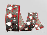 PerpetualRibbons Christmas Characters 2.5 Inch Christmas Gnomes on Dark Grey Canvas Ribbon Wearing Black & Red Buffalo Check Hats - Wired Christmas Ribbon - 5 Yards