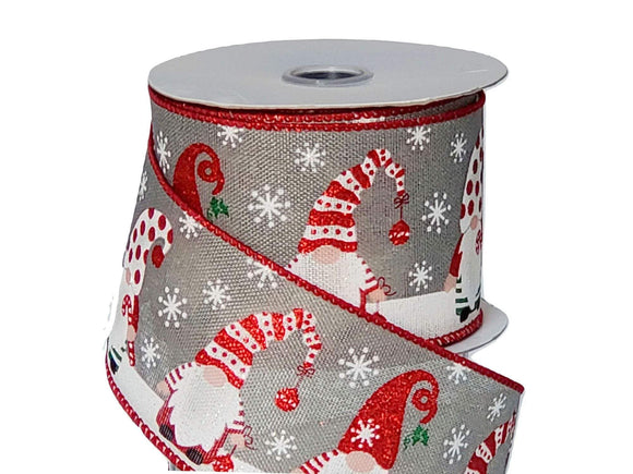 PerpetualRibbons Christmas Characters 2.5 Inch Christmas Gnomes on Grey Canvas Ribbon - Wired Christmas Ribbon - 5 Yards