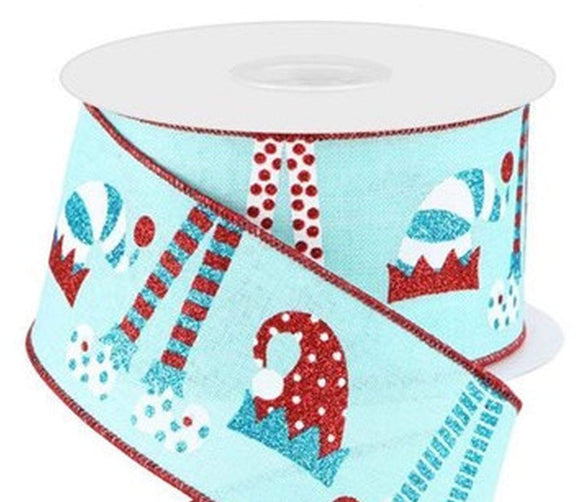 PerpetualRibbons Christmas Characters 2.5 inch Elf Legs and Hats on Ice Blue Canvas Ribbon - 10 Yards