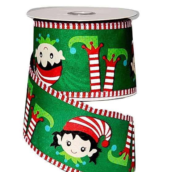 PerpetualRibbons Christmas Characters 2.5 inch Green Satin Ribbon with Girl & Boy Elf Faces and Legs - Red and White Candy Cane Striped Edges - 5 Yards