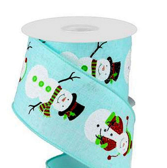 PerpetualRibbons Christmas Characters 2.5 inch Ice Blue Canvas Wired Ribbon with  Snowman - 10 Yards