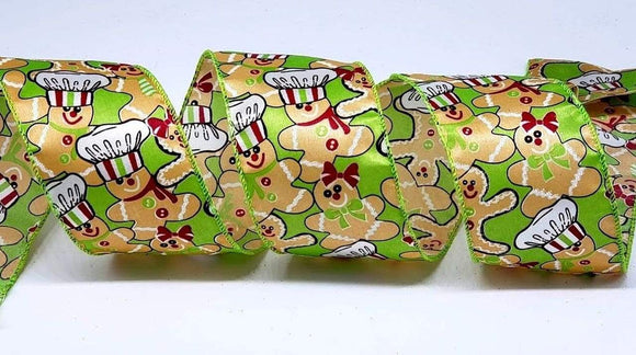 PerpetualRibbons Christmas Characters 2.5 inch Lime Green Satin type ribbon with Gingerbread Girls & Boys - 10 Yards