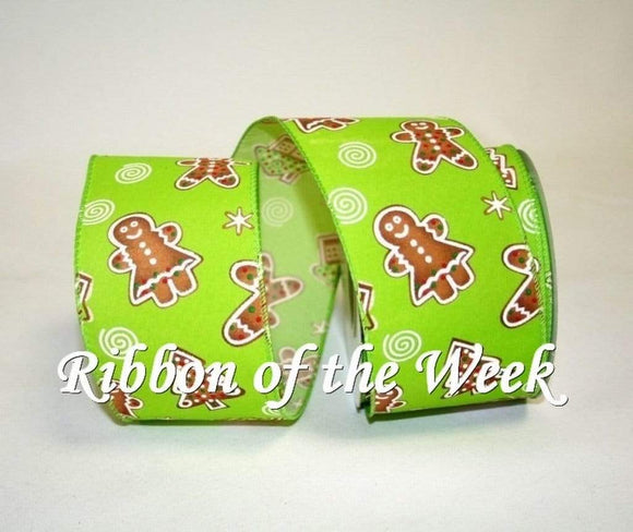 PerpetualRibbons Christmas Characters 2.5 inch Lime Green Wired Ribbon featuring Gingerbread Boys & Girls - 5 Yards