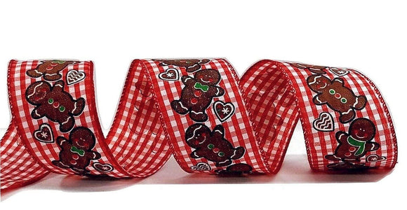 PerpetualRibbons Christmas Characters 2.5 inch Red and White Gingham Ribbon with Gingerbread Cookies, Hearts & Iridescent Glitter Sparkle - 10 Yards
