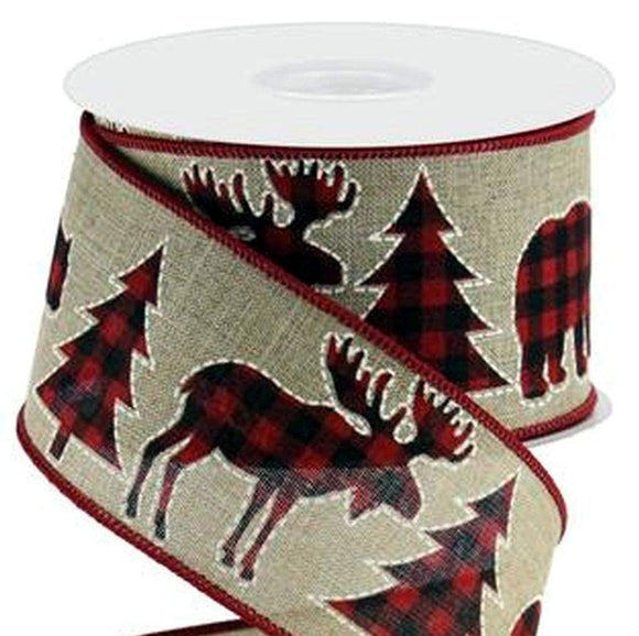 PerpetualRibbons Christmas Characters 2.5 inch Red & Black Plaid Wilderness Creatures - Christmas Ribbon - 10 Yards