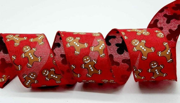 PerpetualRibbons Christmas Characters 2.5 inch Red Canvas Ribbon with Scattered Brown Gingerbread Men -10 Yards