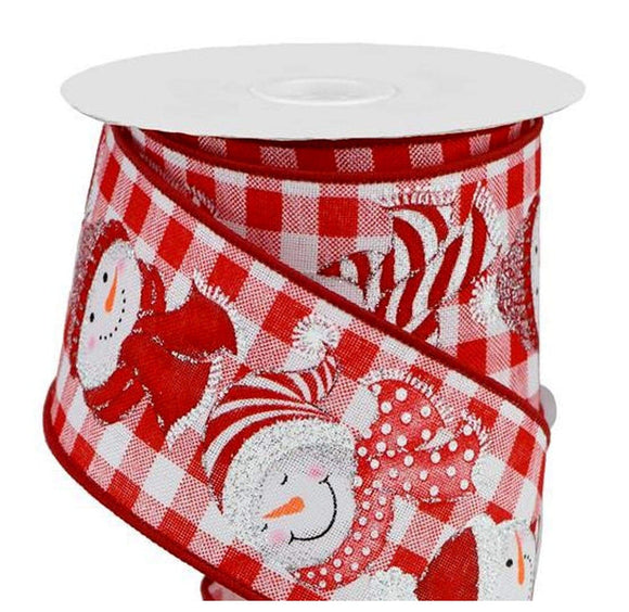 PerpetualRibbons Christmas Characters 2.5 inch Red & White Gingham Ribbon with Cute Snowmen with Red and White Scarfs - Wired Christmas Ribbon - 10 Yards