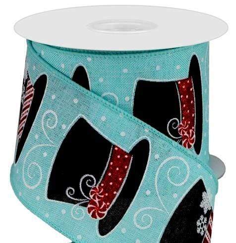 PerpetualRibbons Christmas Characters 2.5 inch Turquoise Canvas Ribbon with Black Top Hat for Snowman - Wired Christmas Ribbon - 10 Yards