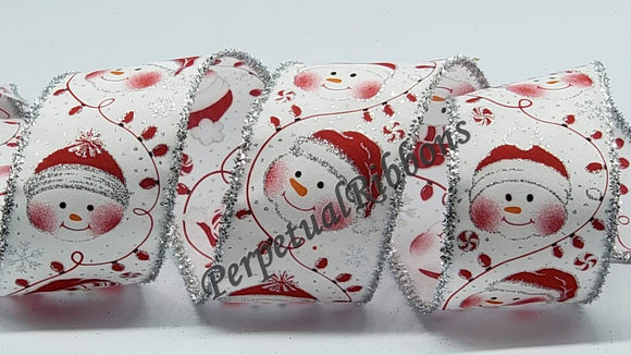 PerpetualRibbons Christmas Characters 2.5 inch White Satin Ribbon with 3 Blushing Snowmen - 5 Yards