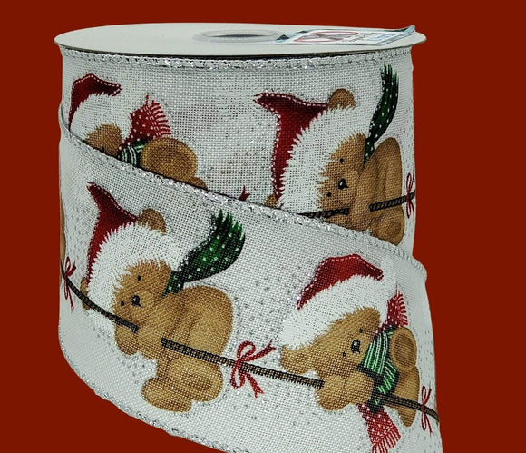 PerpetualRibbons Christmas Characters Copy of 2.5 inch White Canvas Ribbon with Bear in Winter Wear & Santa Hats on Rope - 10 Yards